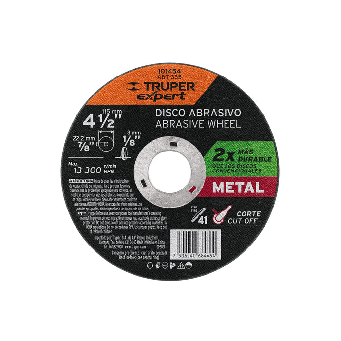 Disco para corte de metal 4-1/2' tipo 41, TRUPER EXPERT