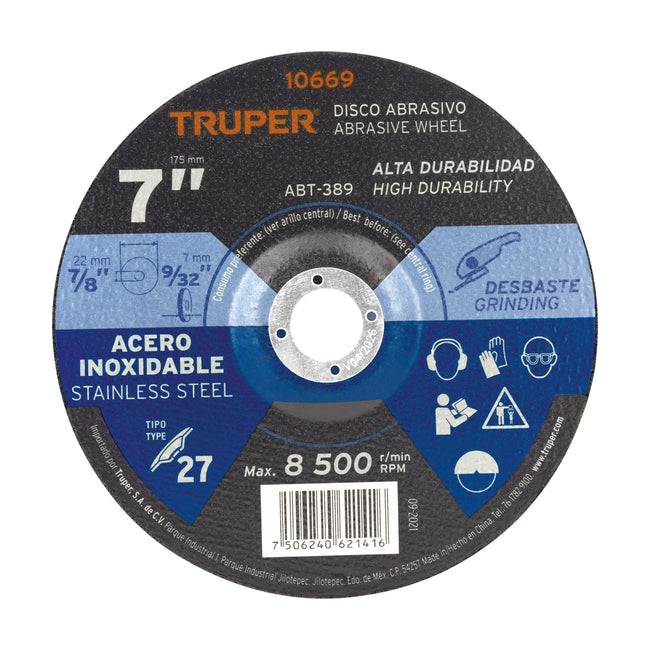 Disco Tipo 27 de 7' x 7.2 mm desbaste de acero inoxidable