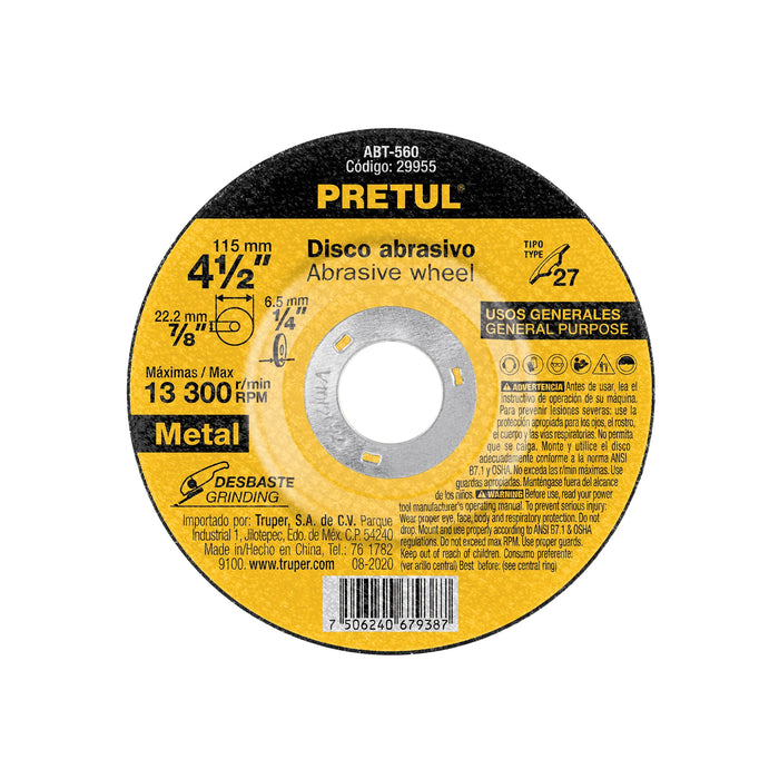 Disco Tipo 27 de 4-1/2' x 6.2 mm desbaste de metal, PRETUL