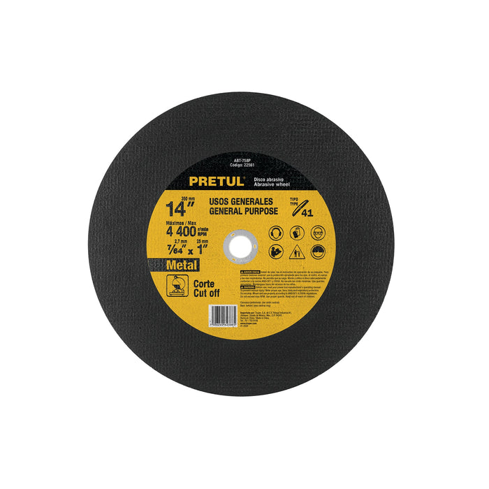 Disco Tipo 41 de 14' x 3.1 mm para corte de metal, PRETUL
