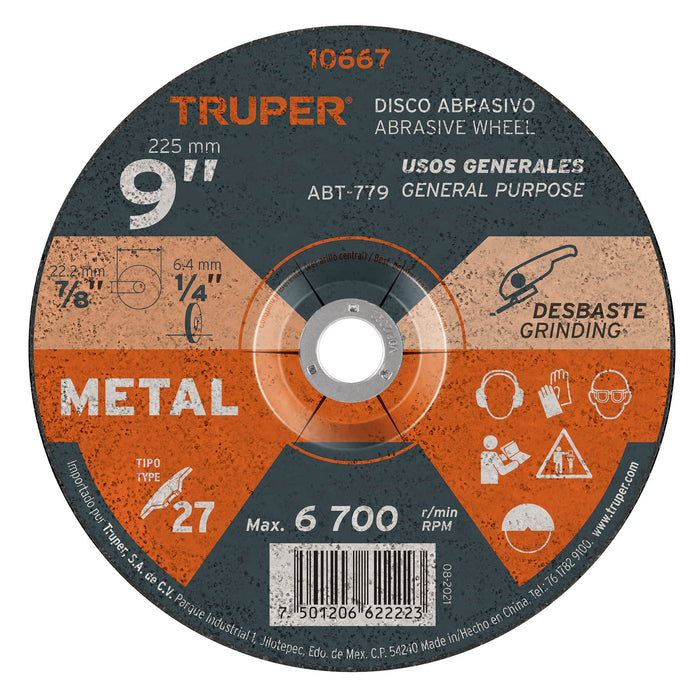Disco Tipo 27 de 9' x 6.4 mm para desbaste de metal, TRUPER