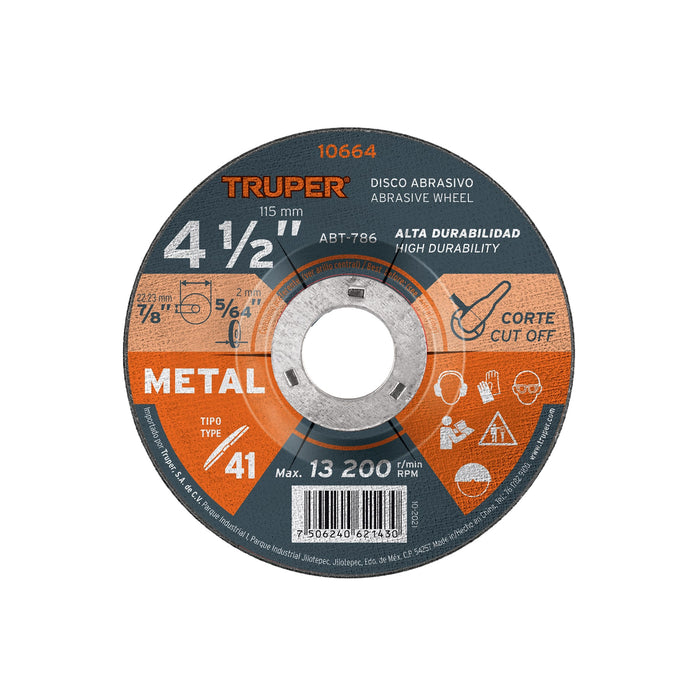 Disco de 4-1/2' para corte de metal, tipo 41, TRUPER