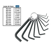 Juego de 10 llaves hexagonales mm, tipo llavero, PRETUL