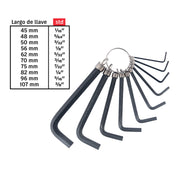 Juego de 10 llaves hexagonales std, tipo llavero, PRETUL