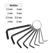 Juego de 8 llaves hexagonales mm, tipo llavero, PRETUL