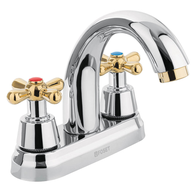 Mezcladora lavabo 4' cromo-oro, nariz curva, cruceta, AQUA