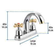 Mezcladora lavabo 4' cromo-oro, nariz curva, cruceta, AQUA