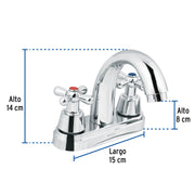 Mezcladora lavabo 4' cromo, nariz curva, cruceta, AQUA