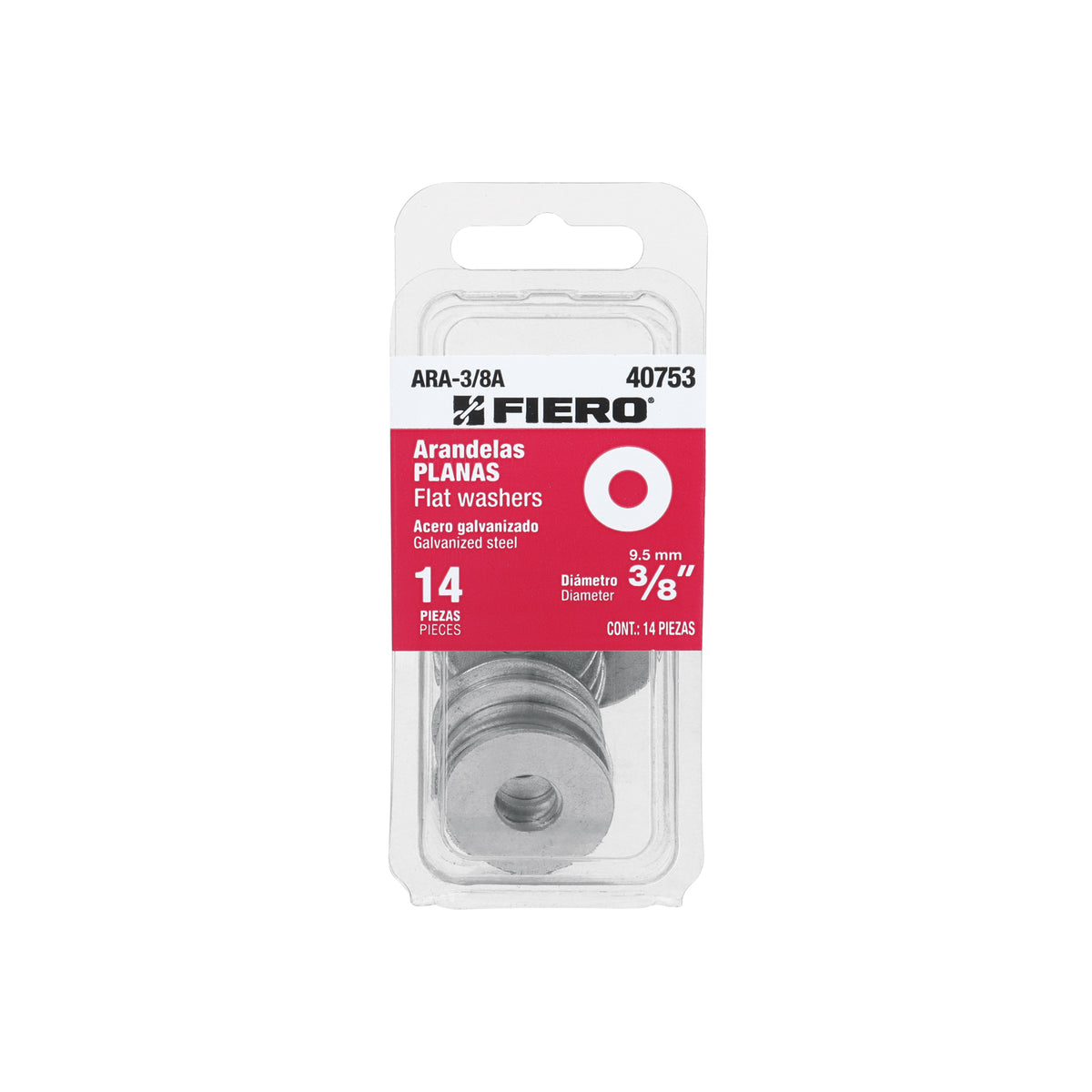 Blíster con 14 arandelas planas de 3/8', FIERO