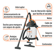 Aspiradora de sólidos y líquidos, 5 gal, acero inox, TRUPER