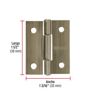Bisagra rectangular 1-1/2 x 1-3/16', latón antiguo, HERMEX