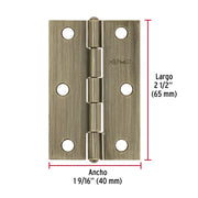 Bisagra rectangular 2-1/2 x 1-5/8', latón antiguo, HERMEX