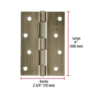 Bisagra rectangular 4' latón antiguo, HERMEX