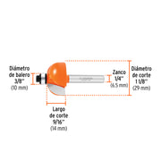 Broca para router, bocel cuarto, 1-1/8' con balero, TRUPER