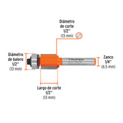 Broca para router, corte recto, 1/2' con balero, TRUPER