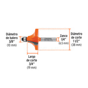 Broca para router, redondeado con moldura, 1-1/2' con balero