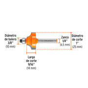 Broca para router, redondeado con moldura, 1' con balero