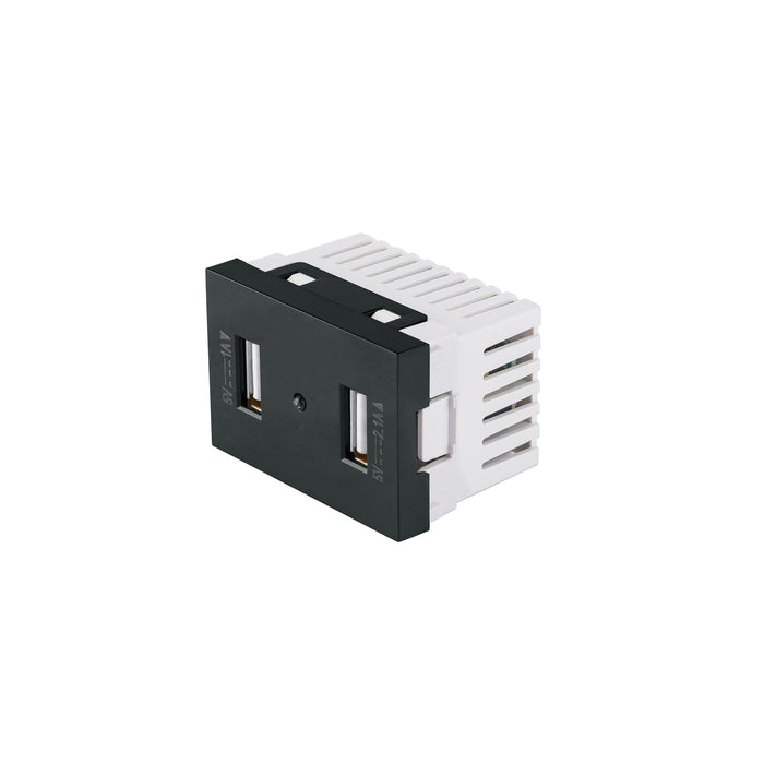 Toma con 2 puertos USB negro de 1.5 módulos, línea Lisboa