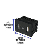 Toma con 2 puertos USB negro de 1.5 módulos, línea Lisboa