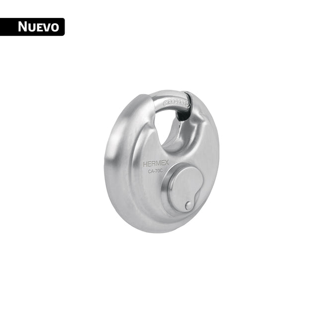 Candado circular acero inox, cilindro latón, 70 mm