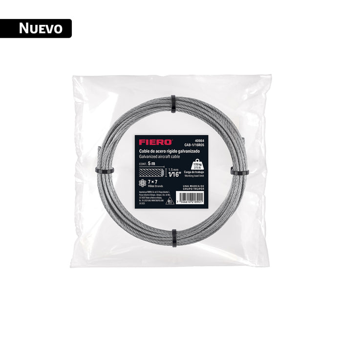 Cable rígido 1/16' x 5 m, acero galvanizado, FIERO