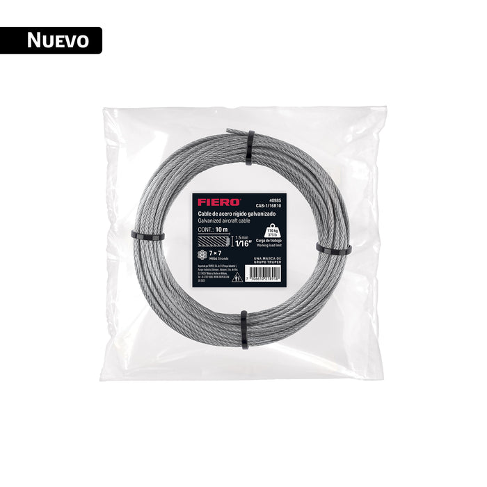 Cable rígido 1/16' x 10 m, acero galvanizado, FIERO