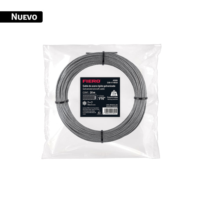 Cable rígido 1/16' x 20 m, acero galvanizado, FIERO