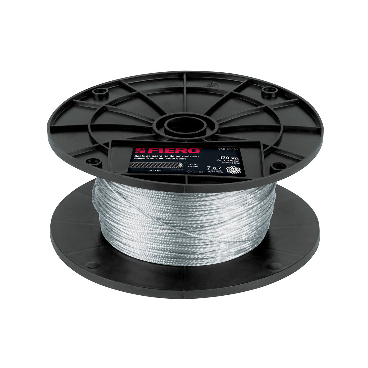 Metro de cable rígido 1/16' de acero 7x7 hilos, 300 m, FIERO