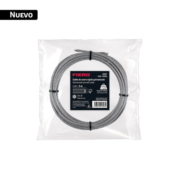 Cable rígido 1/8' x 5 m, acero galvanizado, FIERO