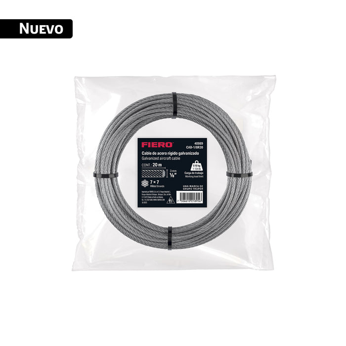 Cable rígido 1/8' x 20 m, acero galvanizado, FIERO