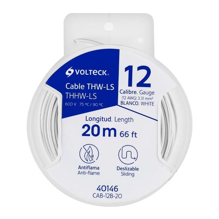 Carrete con 20 m de cable THHW-LS 12 AWG blanco, VOLTECK