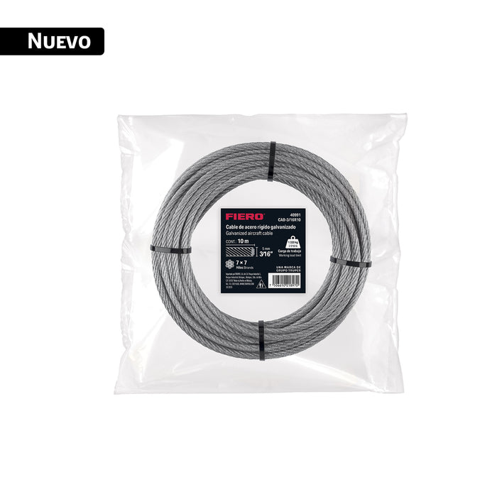 Cable rígido 3/16' x 10 m, acero galvanizado, FIERO