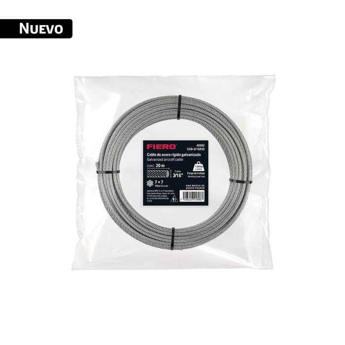 Cable rígido 3/16' x 20 m, acero galvanizado, FIERO