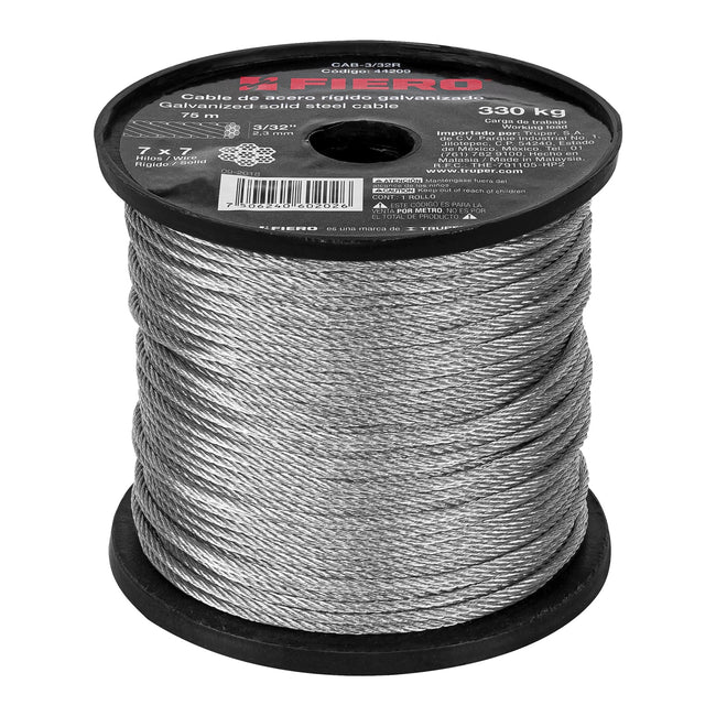 Metro de cable rígido 3/32' de acero 7x7 hilos, 75 m, FIERO