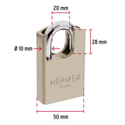Candado de acero 50 mm con coraza, llave de disco, HERMEX
