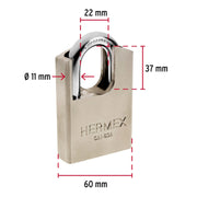 Candado de acero 60 mm con coraza, llave de disco, HERMEX