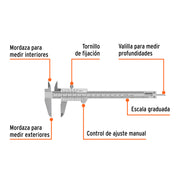 Calibrador vernier analógico 6', acero inox, std y mm,TRUPER