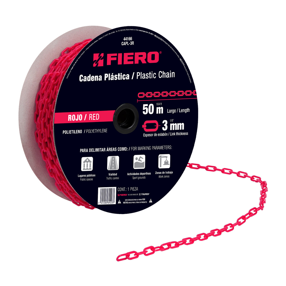 Metro de cadena de 3 mm de plástico roja, carrete de 50 m