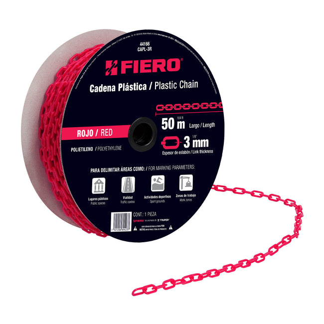 Metro de cadena de 3 mm de plástico roja, carrete de 50 m