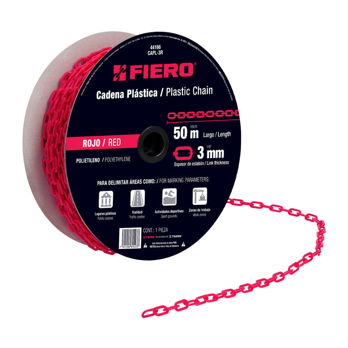 Metro de cadena de 3 mm de plástico roja, carrete de 50 m