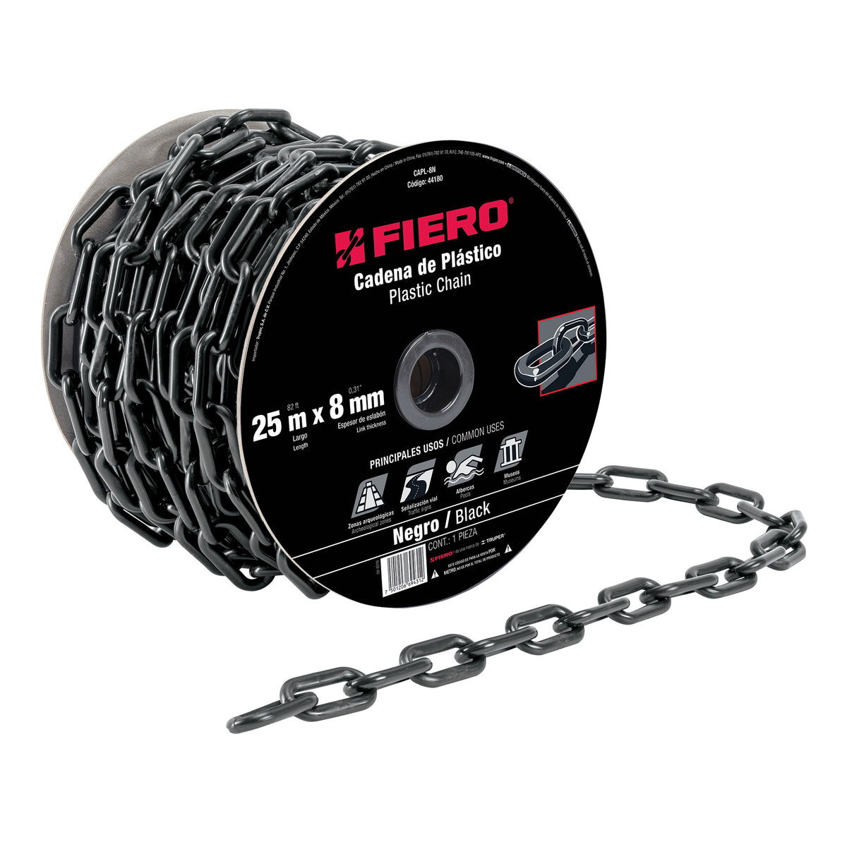 Metro de cadena de 8 mm de plástico negra, carrete de 25 m