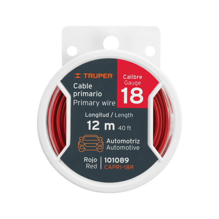 Carrete con 12 m de cable primario rojo calibre 18, TRUPER