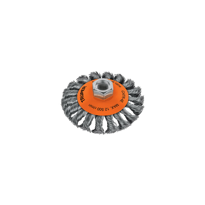 Carda tipo cónico 4' alambre trenzado, eje 5/8'-11, TRUPER