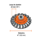 Carda tipo cónico 4' alambre trenzado, eje 5/8'-11, TRUPER