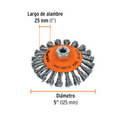Carda tipo cónico 5' alambre trenzado, eje 5/8'-11, TRUPER
