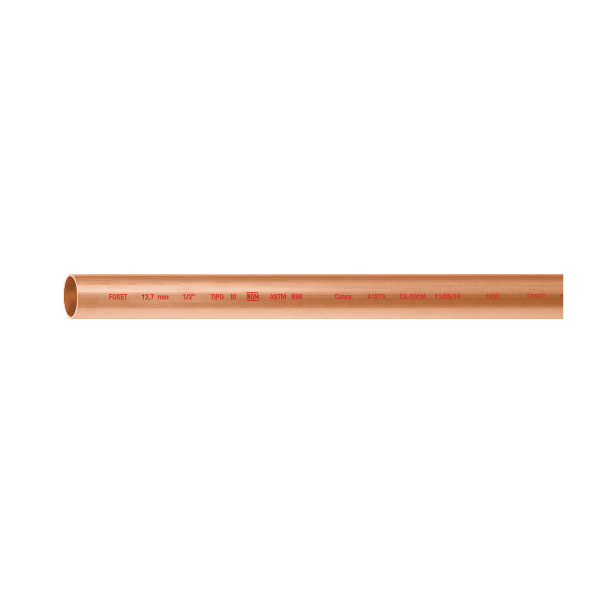 Tubo rígido de cobre 1/2' tipo 'M', 3m, 0.9kg, FOSET