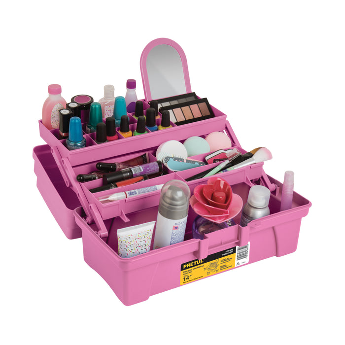 Caja cosmetiquera 14', doble bandeja, rosa, PRETUL