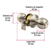 Cerradura tipo esfera para baño, níquel satín, HERMEX