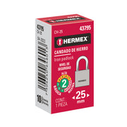 Candado de hierro 25 mm, gancho corto en caja, HERMEX