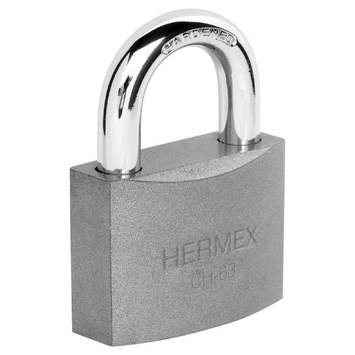 Candado de hierro 63 mm, gancho corto en caja, HERMEX
